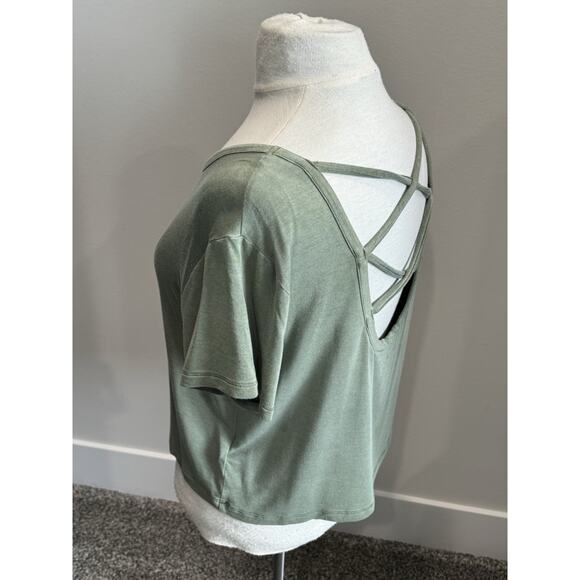 American Eagle Soft & Sexy Green Crop Tee Top Open Criss Cross Strap Back Medium - Picture 7 of 10